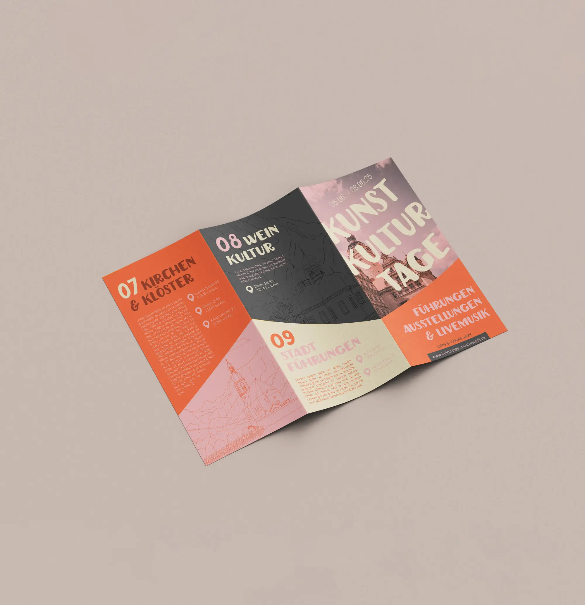 Event_Flyer_Kunst_Kultur_Stadtfuehrung_Veranstaltungsflyer_Design Flyer für Veranstaltungen sollten, je nach Zielgruppe, dynamisch wirken und den Fokus auf die zeitlichen Abläufe des Angebots lenken.